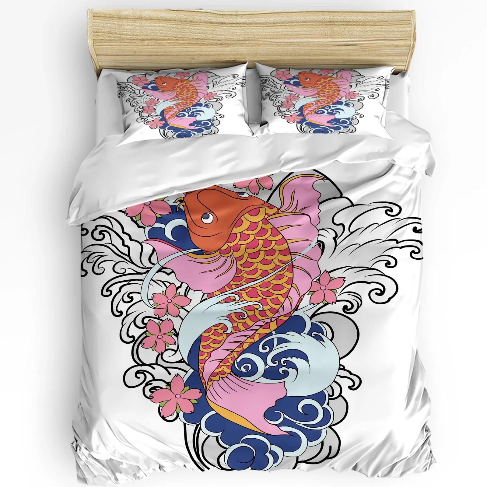Koi Flowers Water Waves Carp Bedding Set 3pcs Duvet Cover Pillowcase Kids Adult Quilt Cover Double Bed Set Home Text